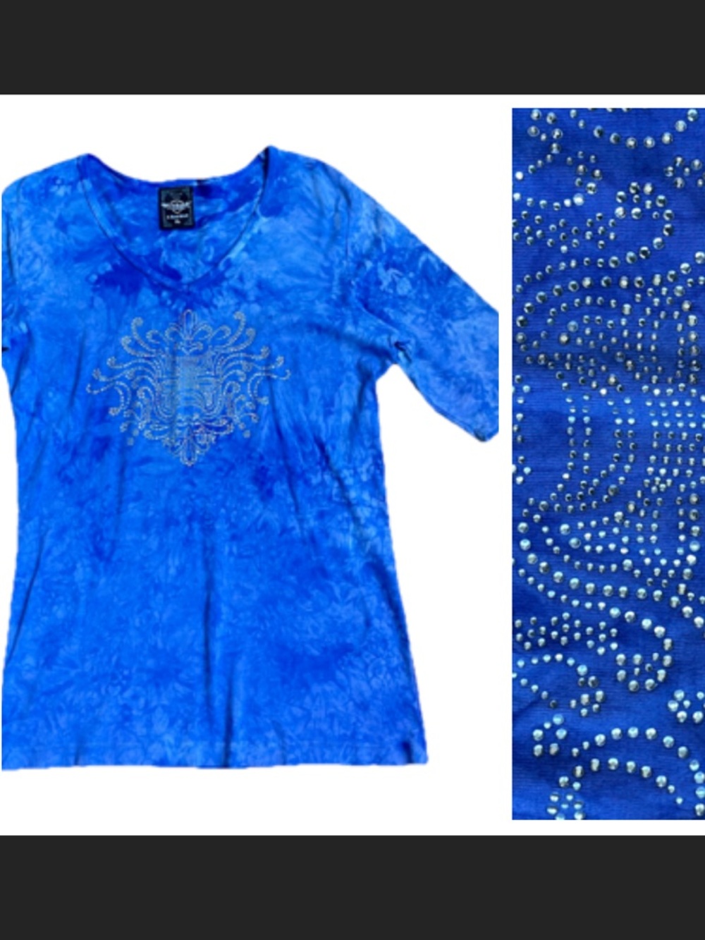 Sledge USA Blue Tie Dye 100% Cotton Tunic Top Metallic Crown Rhinestones Sz XL